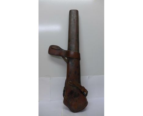 A leather British cavalry carbine gun bucket, marked with broad arrow 