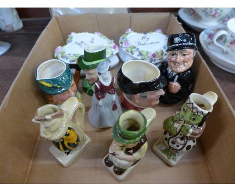 Two heart shaped My Valentine trinket boxes, some petals a/f, a Wade figure and seven character jugs, (Doulton policeman a se