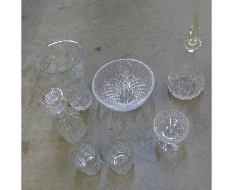 Glassware;-heavy crystal vase, heavy crystal bowl, 19th Century decanter, two heavy glass drinking glasses, one other decante