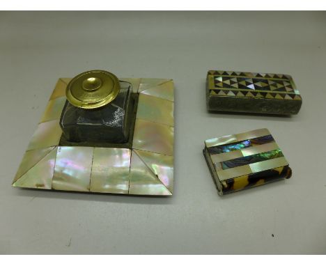 An inkwell, a snuff box and a vesta case, all decorated with mother of pearl, box lacking one piece of MOP 