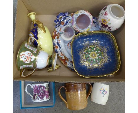 A Wedgwood cup, Coalport yellow ground and cobalt blue vase with finial, a Poole Pottery beaker and small vase, a Minton bowl