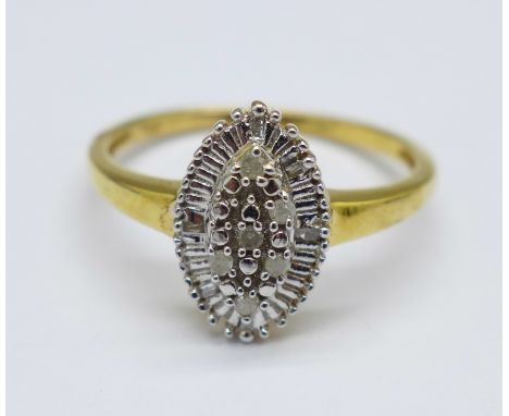 A silver gilt, marquise shape twelve diamond ring, S 