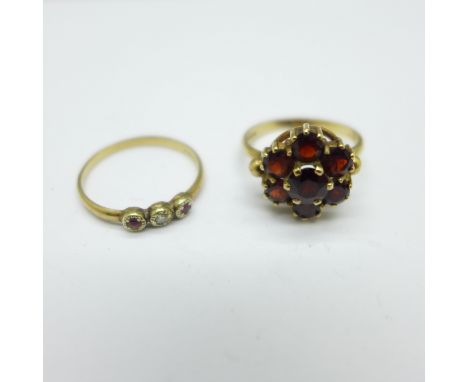 Two 9ct gold rings;- garnet cluster, and diamond and ruby set, 4.2g, both M 