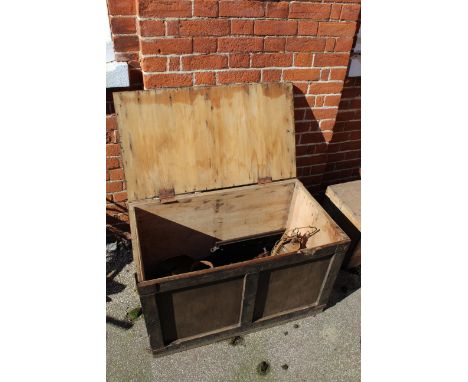 A vintage wooden tool chest plus scales, hurricane lamp etc