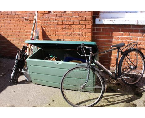 A vintage Triumph gent's bicycle (as found), assorted tools, Black and Decker workmate, large plastic garden storage box, ste
