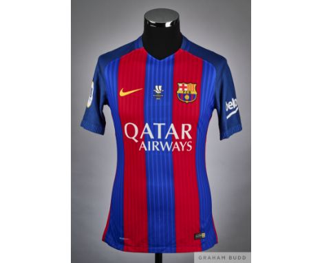 Ivan Rakitic garnet and blue No.4 Barcelona v. Sevilla, Supercopa match issued short-sleeved shirt, 2016, Nike, M with v-neck