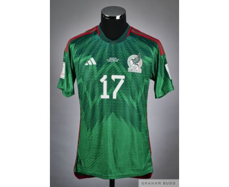 Orbelin Pineda green No.17 Mexico v. Argentina match issued short-sleeved shirt, 2022, Adidas, M with crew-neck collar and pr
