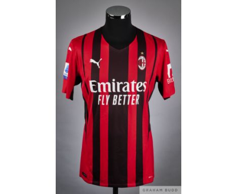 Theo Hernandez red and black No. 19 AC Milan v. Lazio match worn short-sleeved shirt, 2022, Puma, XL with v-neck collar and p