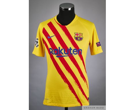 Antoine Griezmann yellow and red No.7 Barcelona v. Ferencvarcos match issued short-sleeved shirt, 2020, Nike, M with crew-nec