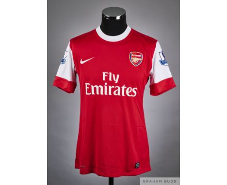 Theo Walcott red and white No.14 Arsenal v. Manchester United match worn short-sleeved shirt, 2010-11, Nike, M with crew-neck
