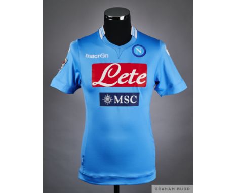 Jorginho sky-blue No.8 Napoli v. Lazio match worn short-sleeved shirt, 2014, Macron, M with v-neck collar and embroidered clo