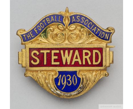 A gilt-metal & enamel Football Association steward's badge for the Arsenal v Huddersfield Town F.A. Cup Final, at Wembley in 