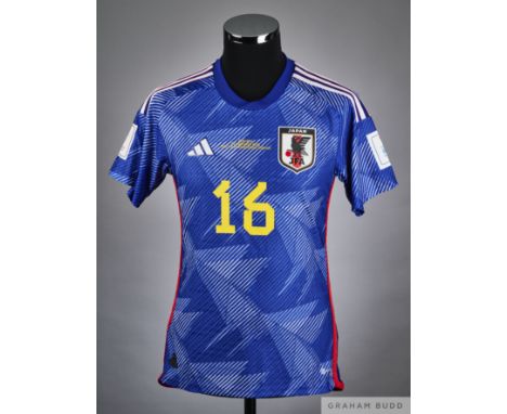 Takehiro Tomiyasu blue No.16 Japan v. Germany match issued short-sleeved shirt, 2022, Adidas, M with crew-neck collar and pri