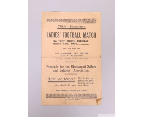 Ladies football match Dick Kerrs XI v Liverpool XI programme, played at Turf Moor, Burnley, played on 23rd March 1920, four-p