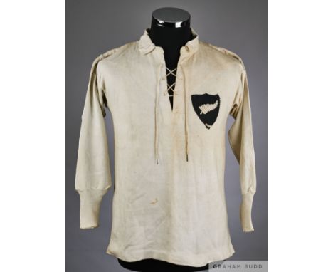 Rare white No.13 All Blacks match worn long-sleeved shirt, 1930, Canterbury, M, with lace-up collar and embroidered badge, st