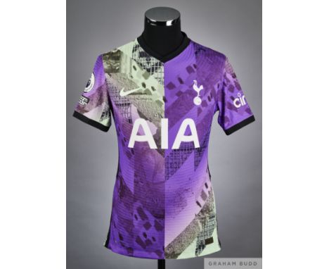Emerson Royal purple and green No.12 Tottenham Hotspur v. Leeds United match worn short-sleeved shirt, 2022, Nike, M with v-n