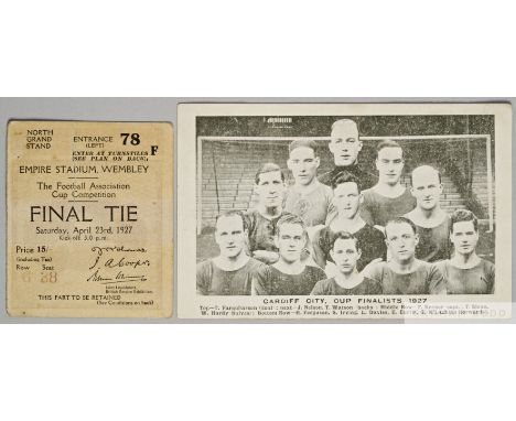 Cardiff City v. Arsenal F.A.Cup Final ticket stub, 23rd April 1927, signs of fold and Cardiff City Cup Finalist postcard, (2)