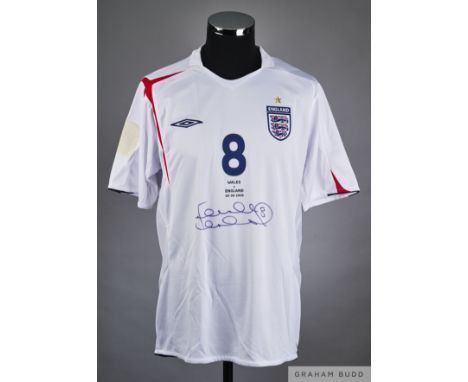 Frank Lampard white No.8 England v. Wales match issued short-sleeved shirt, 2005, Umbro, XL with v-neck collar and embroidere