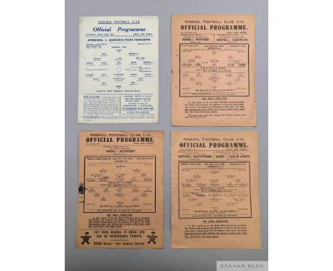 Four Arsenal v. Queen's Park Rangers single-sheet match programmes comprising Football League South Cup Competition, semi-fin