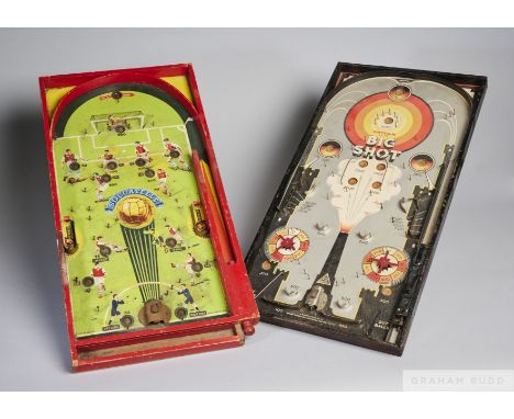 Two vintage football bagatelle games,  Soccatelle and Gotham G-130 Big Shot, 24in. high and brass pump (2)