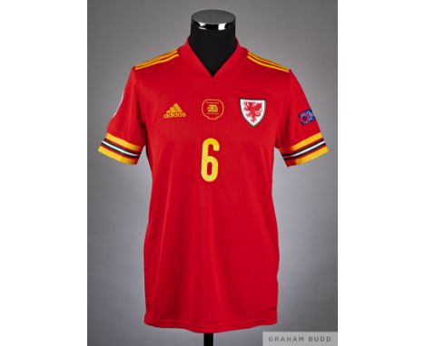Joe Rodon red and yellow No.6 Wales v. Denmark match issued short-sleeved shirt, 2021, Adidas, M with v-neck collar embroider
