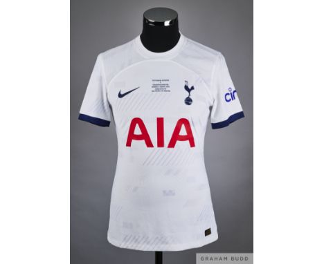 Son Heung-Min white No.7 Tottenham Hotspur v. Shakhtar Donetsk match issued short-sleeved shirt, 2023, Nike, M with crew-neck