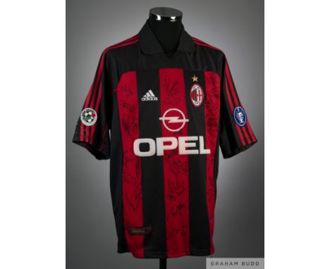 Jose Chamot red and black No.16 AC Milan match worn short-sleeved shirt, 2001-02, Adidas, XL with v-neck collar and embroider