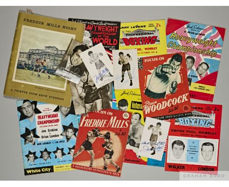 Collection of Freddie Mills ephemera, including Tribute programme, three signed cards, Focus On magazine, similar example for