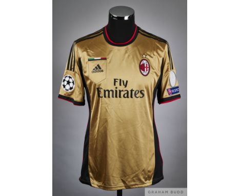 Mario Balotelli gold and black No.45 AC Milan v. Atletico Madrid match issued short-sleeved shirt, 2014, Adidas, 8 with crew-