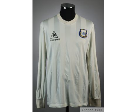 Diego Simeone blue and white No.21 Argentina match worn long-sleeved shirt, 1988, Le Coq Sportif with crew-neck collar and em