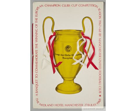 Autographed Manchester United 1968 European Cup Final celebration banquet menu held at the Midland Hotel, Manchester, 27th Ju