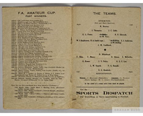 Stockton v. Kingstonian F.A.Cup Amateur Cup Final Replay match programme, 22nd April 1933, on the Darlington Football Club Gr