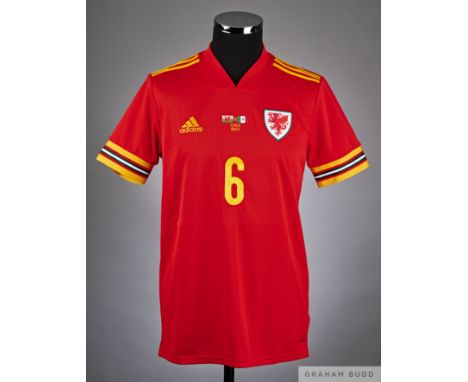 Joe Rodon red and yellow No.6 Wales v. Mexico match issued short-sleeved shirt, 2021, Adidas, M with v-neck collar embroidere