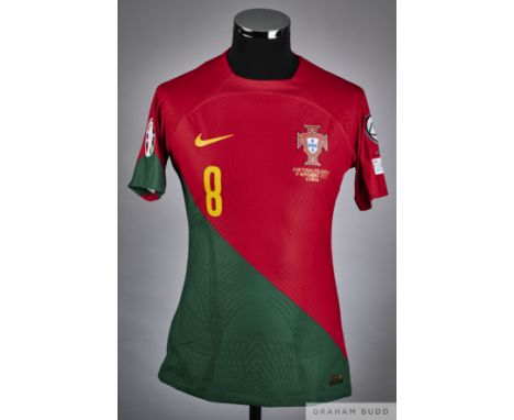 Bruno Fernandes red and green No.8 Portugal v. Iceland match issued short-sleeved shirt, 2023, Nike, M with crew-neck collar 