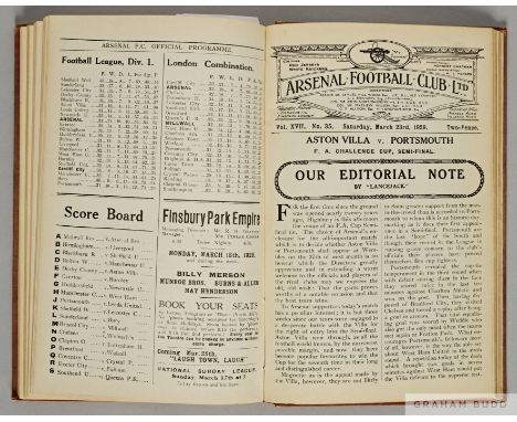 Bound volume of Arsenal home League, Combination and F.A.Cup match programmes, 1928-29 from Vol XVII. No.1 Brentford London C