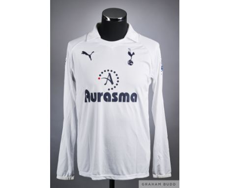 Jermaine Defoe white No.18 Tottenham Hotspur match issue long sleeve home shirt 2011-12, Puma size M crew neck collar with em
