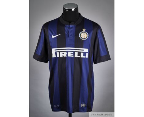 Diego Milito blue and black No.22 Inter Milan worn short-sleeved shirt, 2013-14, Nike, L with button-up collar and embroidere