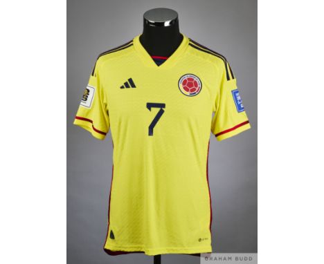 Luis Diaz yellow and red No.7 Columbia v. Brazil match issued short-sleeved shirt, 2023, Adidas, M with v-neck collar and pri