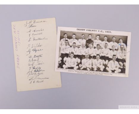 1931-32 Derby County autographed plain white postcard, the reverse bearing fifteen autographs including Randall, Malloch, Wil