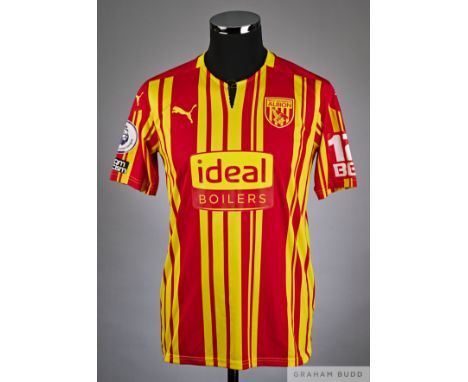 Robert Snodgrass red and yellow No.23 West Bromwich Albion short-sleeved shirt, 2021-22, Puma, M with crew-neck collar, torn 
