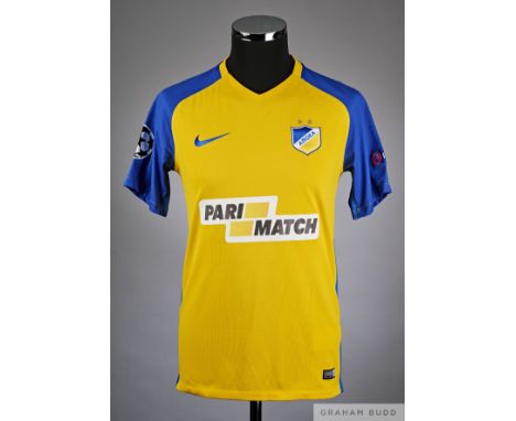 Andreas Makris yellow and blue No.33 Apoel Nicosia v. Tottenham Hotspur Champions League short-sleeved shirt, 2017, Nike, M w