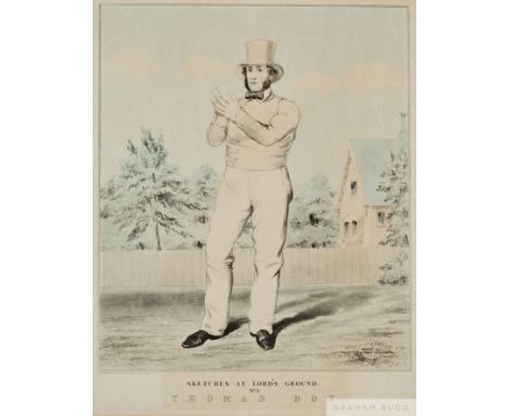 Sketches at Lords' Ground No.3 Thomas Box, c.1860, hand coloured lithograph by Mourilyan & Casey, mounted, glazed and framed,