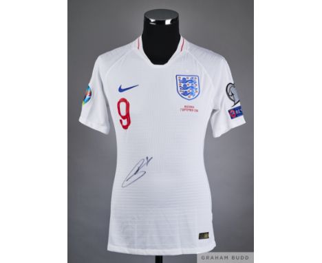 Harry Kane white No.9 England v. Bulgaria match issued short-sleeved shirt, 2019, Nike, M with crew-neck collar and printed t