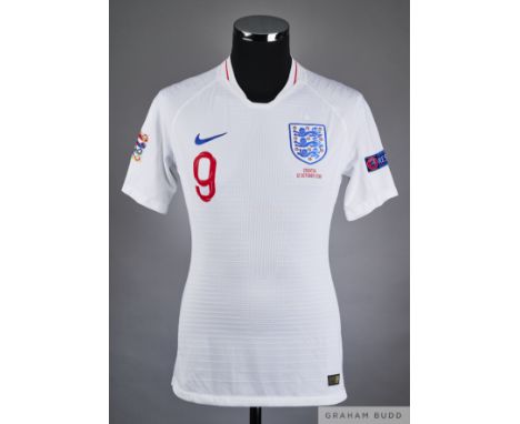 Harry Kane white No.9 England v. Croatia match issued short-sleeved shirt, 2018, Nike, M with crew-neck collar and printed th