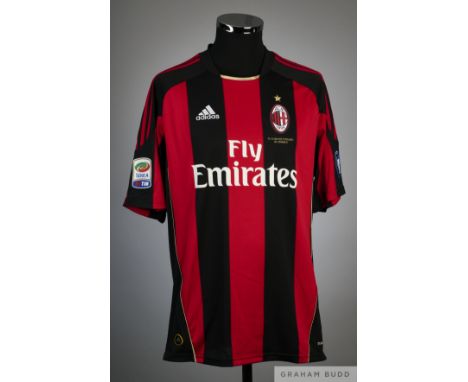 Alexandre Pato red and black No.7 AC Milan short-sleeve shirt, 2010-11, Adidas, L with crew-neck collar and embroidered cloth