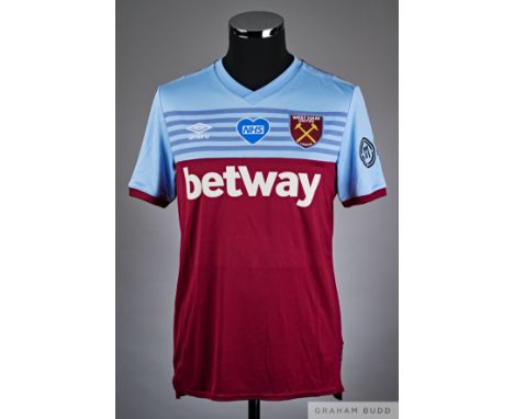 Declan Rice claret and blue No.41 West Ham United match issued short-sleeved shirt, 2019-20, Umbro, M  with v-neck collar and