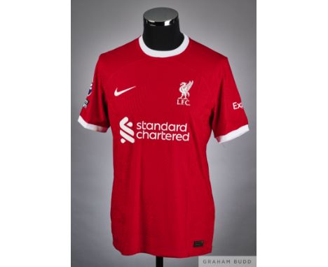 Mohamed Salah red No.11 Liverpool v. Tottenham Hotspur match issued short-sleeved shirt, 2023, Nike, M  with crew-neck collar