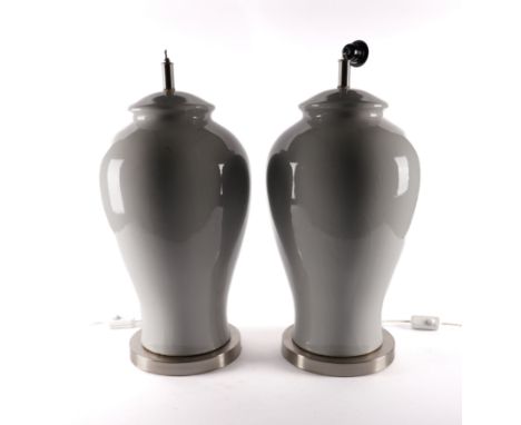 A PAIR OF LARGE GREY-WHITE BALUSTER CERAMIC TABLE LAMPS (2)Retailed by Andrew Martin, Modern
Each shade with ball finial, 109