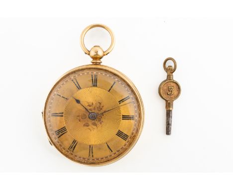 AN 18CT GOLD, KEYWIND, OPENFACED POCKET WATCHThe gilt fusee movement with a lever escapement, No 16805, gilt dust cover, the 