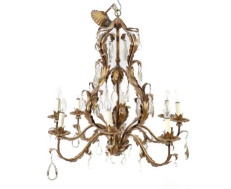 A FRENCH GILT TOLE-PEINTE EIGHT LIGHT CARTOUCHE SHAPED CHANDELIERLate 20th Century 
Modelled with acanthus leaf clasped scrol
